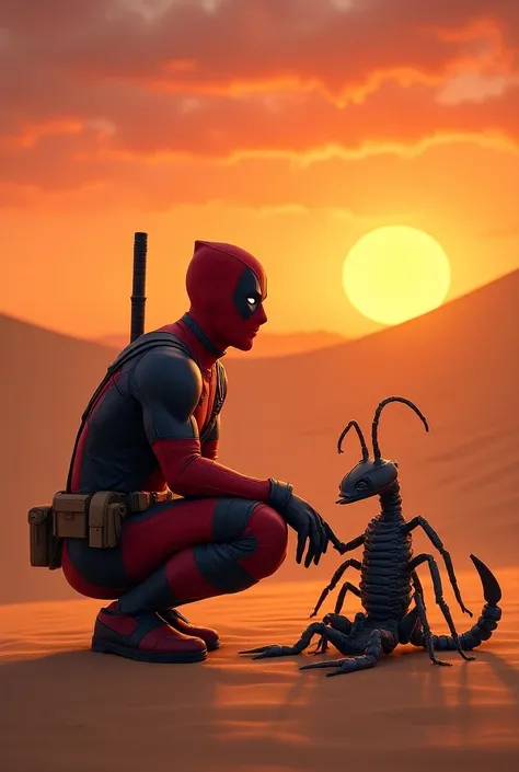 Here’s a friendly prompt for **Deadpool and a scorpion**:

"Deadpool and a small scorpion share a rare moment of calm in a desert landscape under a vibrant sunset. Deadpool is crouched down next to the scorpion, his red-and-black suit blending with the war...