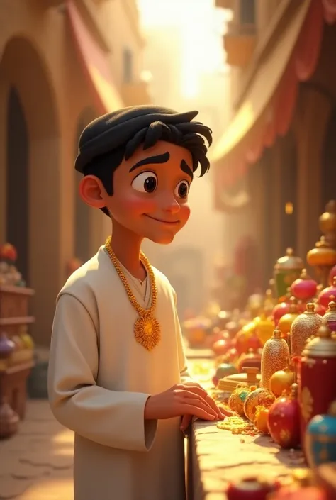 A Pixar-style cartoon of a young man named Ali, with a warm, friendly face, wearing a traditional Islamic outfit, a white long tunic (thobe) with a black cap (taqiyah). He is standing in front of a vibrant merchant’s shop filled with colorful goods, lookin...