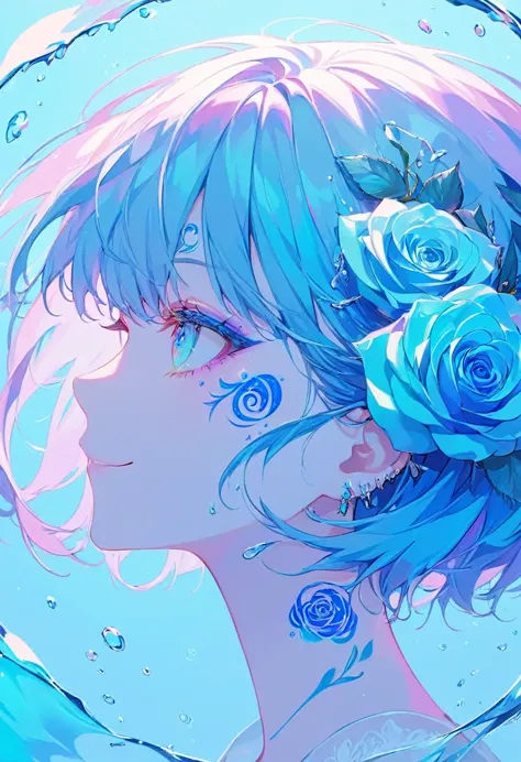   smile ,  WOMAN PROFILE  ,  face close-up , face tattoo,Water Shape , splashes  ,eye,  digital tattoo  ,  neon color  ,Neon Blue, blue rose blue base navy blue hair, pastel colors,  short hair,  Barrette Masterpiece   ,Best Quality,Exquisite,8k,  absurd, super detailed illustration ,(Being watched by the audience)