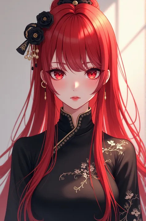 Anime girl wearing black Hanfu dress, red eyes, long red hair