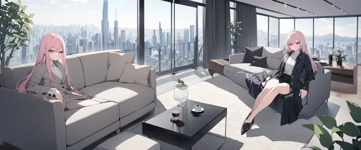 straight hair, light pink hair, wearing overcoat, buttoned up, burgundry coat, rose eyes, sitting in a large, lively, modern living room on a high skyscraper with dark grey, rectangular couches and a small coffee table. A very large glass wall sees the res...