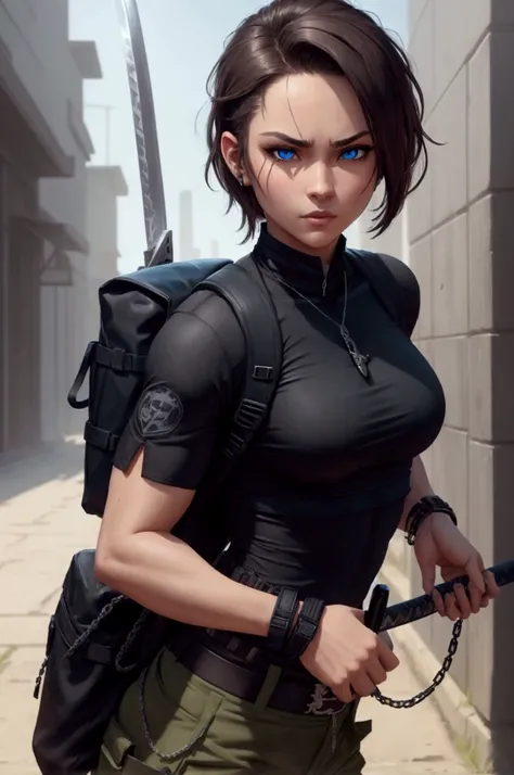 Athletic mercenary, wearing cargo pants, long black tight shirt, chain with katana charm, black backpack, blue eyes, short brown hair, 10 day beard