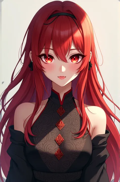 Anime girl wearing black Hanfu dress, red eyes, long red hair Sharp face and sharp eyes