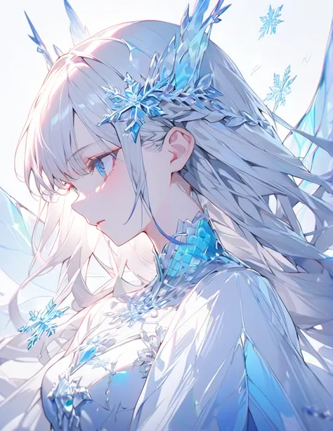 {blue and white theme},1girl, solo, alone, fairy girl, snow queen, silver long hair, white and blue wings, beautiful fairy wings, pale skin, fantastical,(magical effects), (glow), (snowflakes:1.4), (((saturated colors))),  masterpiece, best quality, ultra ...