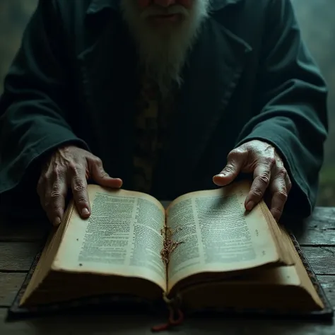  The view from above , large shot - the hands of an old exorcist , open the Bible , gloomy, in dark colors 