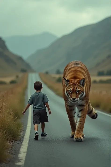 Big cat chases elementary school boy who is again snoozing on country road