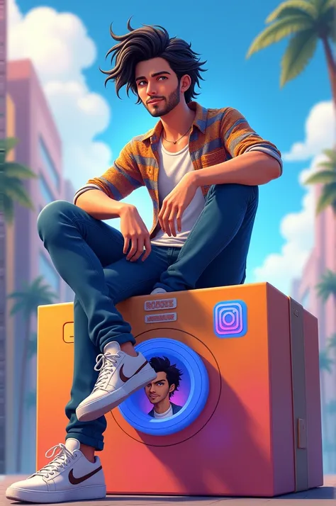 A mesmerizing 3D rendered anime illustration featuring "AJJU PRADHAN “ , a trendy and fashionable man with perfect come, AJJU PRADHAN hair.

She confidently perches atop a box adorned with a stylized blue instagram logo, emphasizing her unique personality....