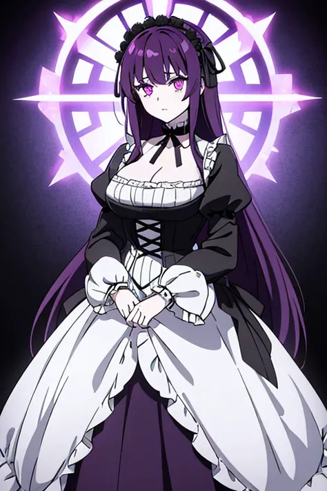 1girl, long_hair, monochrome_hair, purple_eyes, gothic_lolita, blouse, skirt, victorian_gothic, long_sleeves, puppet, hair_ornament, glowing_eyes, expressionless, choker, lace_trim, mystical, extremely white skin, Big cleavage, dark purple hair, peaking ni...