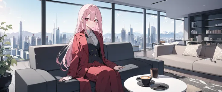 straight hair, light pink hair, wearing overcoat, buttoned up dark red coat, rose eyes, sitting in a large, lively, modern living room on a high skyscraper with dark grey, rectangular couches and a small coffee table. A very large glass wall sees the rest ...