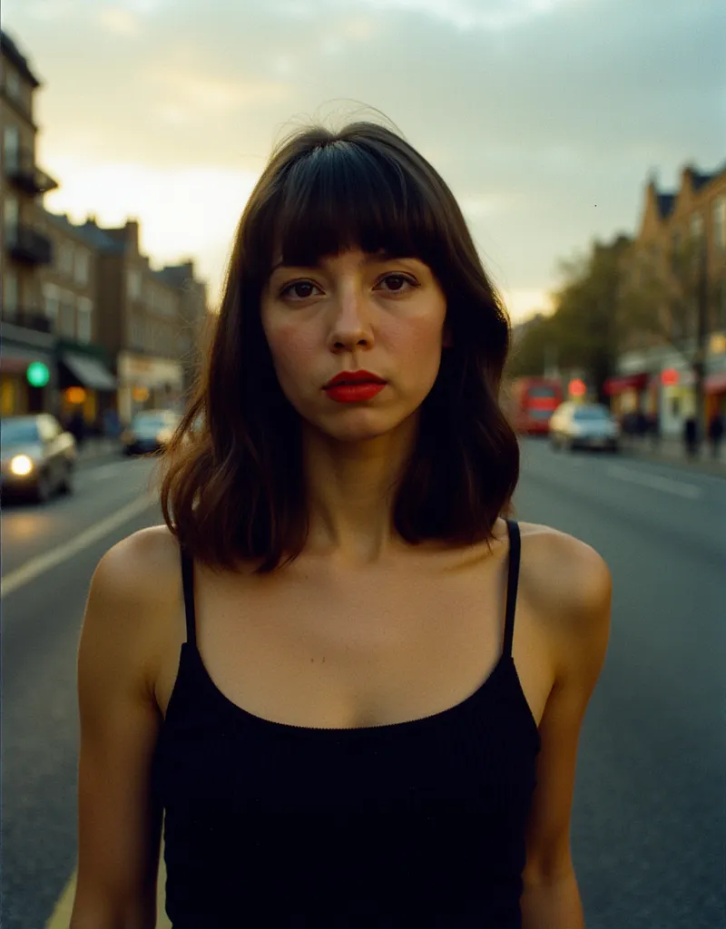 a photo of an asian woman with a blurred london city street at dusk in the background. with an 80s vibe and the style of photogr...