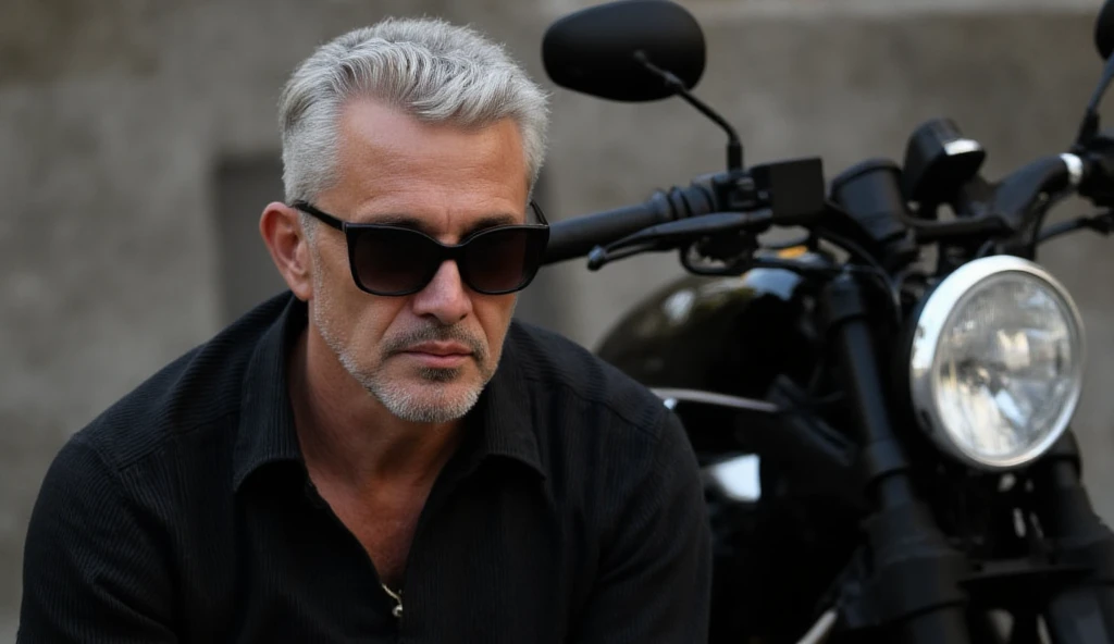 A white man with short white hair, wearing sunglasses with a black motorcycle on the side
