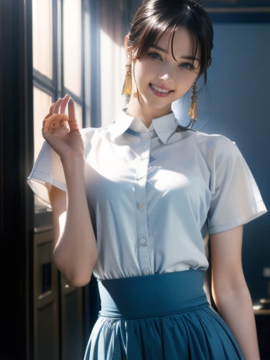        full body shot      、8k, masterpiece,   RAW Photos,   Best Quality , Realistic,    elegant suit wearing high-resolution CG Unity 8K wallpaper ,     Light blue mini skirt、 faces with a depth of writing    , Cinematic Light,      lens flare    ,      ...