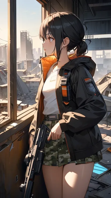 1 girl, (Calm expression),  Tactical Jackets,  Camouflage Skirt,  small breasts,  Figure Holding a Gun , break,  In a dim environment , (Warm Light:1.3),  contrast between natural and artificial light,  thrilling atmosphere ,  break,  Abandoned cityscape, ...