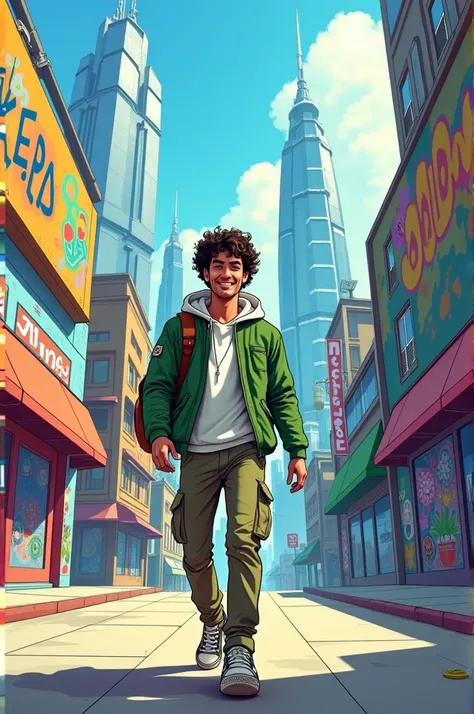 A 2d cartoon of a 23 years old Indian boy man, white ton face,  with curly hairs, walking confidently on an urban street with colour full graffiti on both sides, he is dress in a green jacket and cargo pants with sneakers, and the scene set against a backd...