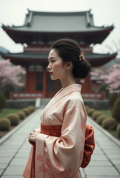 Beautiful Japanese-style woman standing in front of a temple in Kyoto、