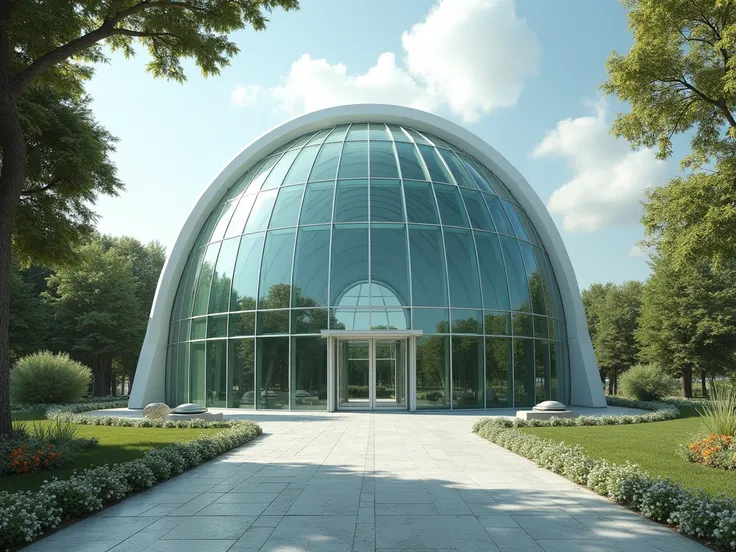 Futuristic art school with a huge glass dome at the middle