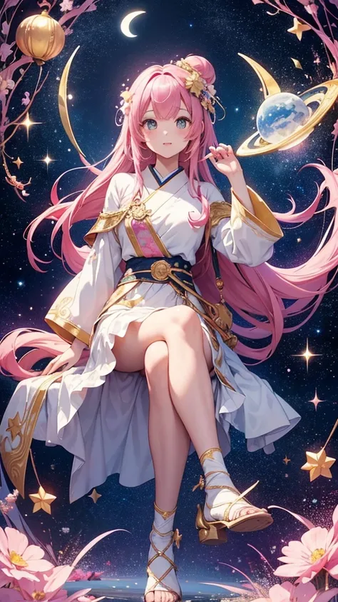 8k ⒉5D Real Japanese Comic Girl Style pink hair adorned with decorative golden horn-like accessories and colorful flowers. They are wearing a white outfit embellished with whimsical designs, and they have a cape featuring motifs of stars and moons.
The cha...