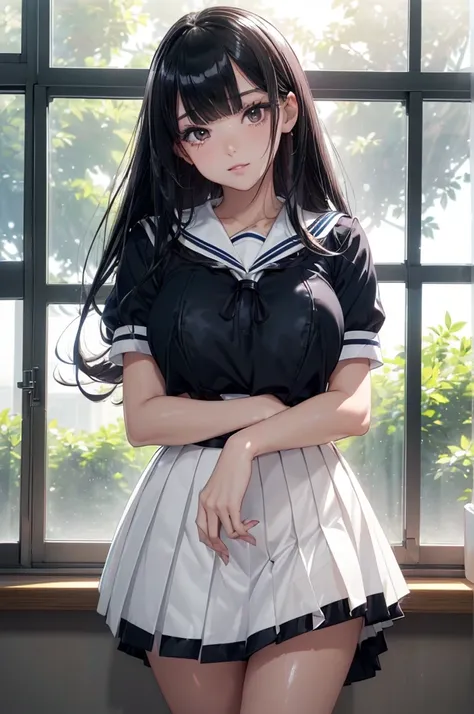 (detailed clothes features、、school uniform, Short sleeve、sailor suit,navy mini、skirt、to lift up one’s skirt:1.5)、(anime:1.5)、(from below:1.3)、 absurd, Super detailedな,(In 8K:1.3),Masseter muscle area,(masterpiece:1.2)、(Best Quality)、4K、Super detailed、(Move...