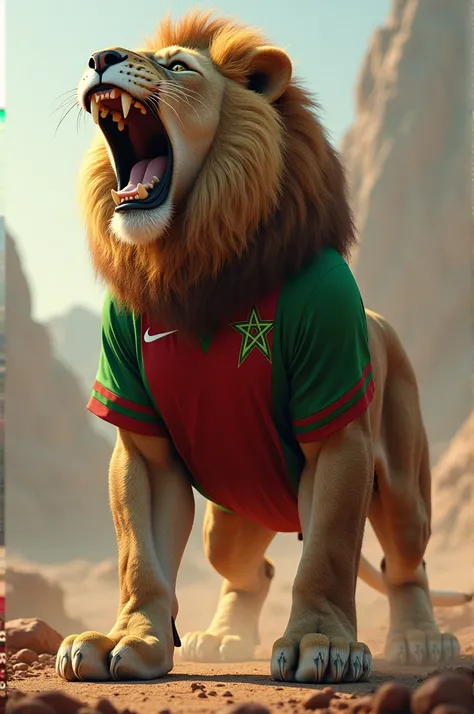 A giant lion wearing the Moroccan national team shirt and shouting