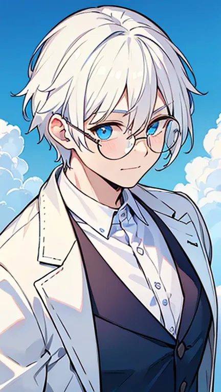 (( A man with white hair and blue eyes )),(( Im wearing round white glasses)),((Im wearing something like a white college student)),bangs, hair between eyes ,laughing