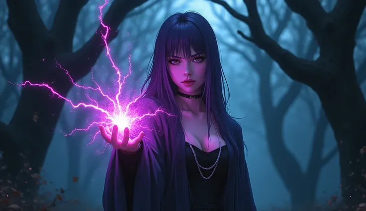 Anime woman, slender body, fierce eyes ,  half-sharp teeth .  With magic in hand .   In a black forest,  model with straight hair,  loose, purple. 