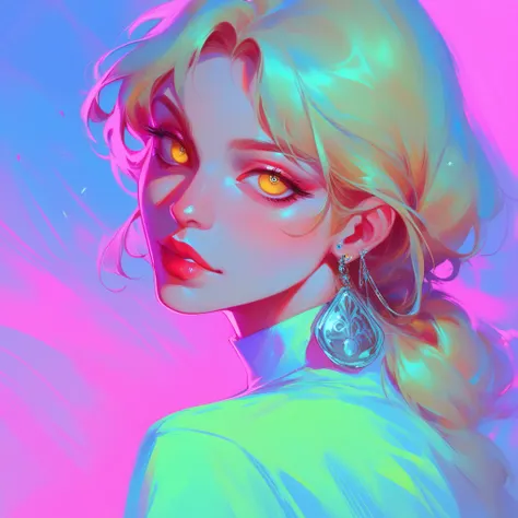 masterpiece,  beautiful illustration, young woman, neon, neonовый свет, bright background, синий neon, розовый neon, yellow eyes