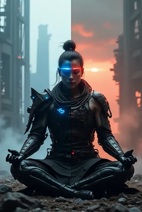 Create a Sci-fi style image of a cyber samurai with a metal left hand, seated in a lotus position. The samurai has a dual nature, symbolizing both good and evil. His eyes are open—one eye glowing blue, the other fiery red. Behind him, two contrasting backg...