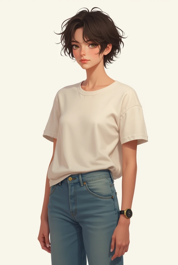 A realistic, androgynous individual with a calm, serene expression. They have short, tousled hair, natural and soft in texture, with an effortlessly styled appearance. Their facial features are neutral, with a balanced jawline, slightly arched eyebrows, an...