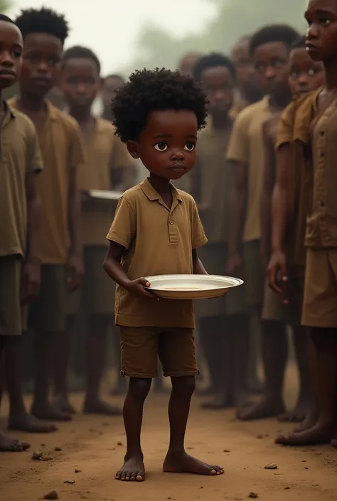  Black boy with shorts and brown shirt, Look sad with an empty plate in his hand , And people around you watching 