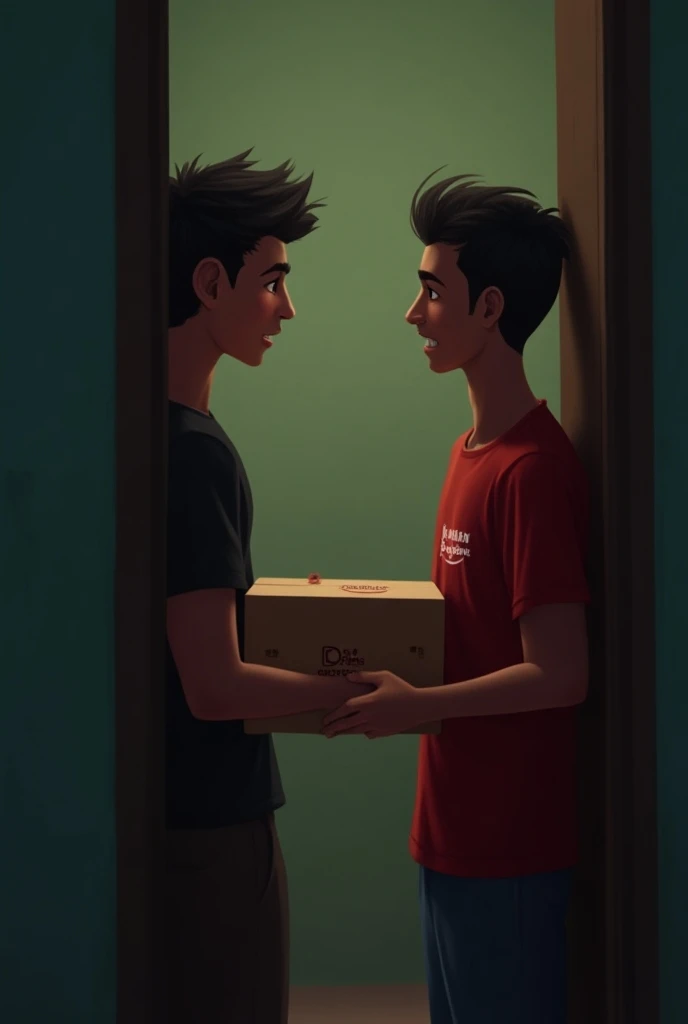 A small apartment room in India. A boy, 19 years old,  wearing a black shirt. He is feeling unwell due to a fever.
Delivery Arrives

A knock on the door. The delivery boy is here.

The boy opens the door and sees the delivery boy wearing a red shirt with "...