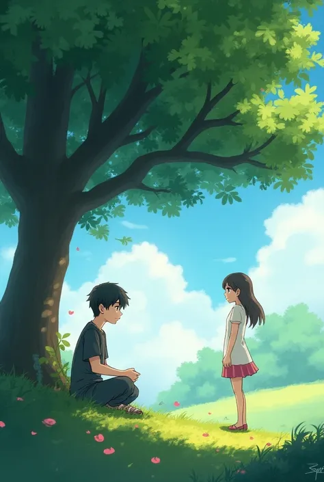 A anime  boy is sad and sitting under the tree and there a girl came to motivate him