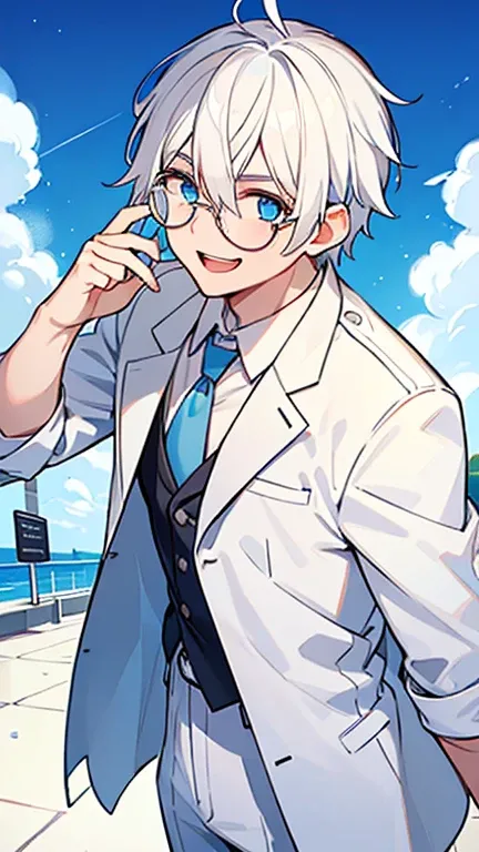 (( A man with white hair and blue eyes )),(( Im wearing round white glasses)),((Im wearing something like a white college student)),bangs, hair between eyes ,laughing