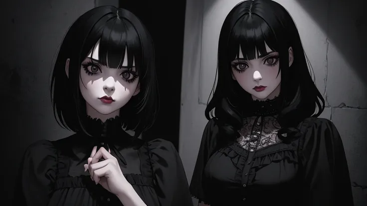 A gothic girl with medium straight black hair and bangs, wearing a rocker Hello Kitty blouse, with black eyes and black eyeliner, 2 girls, photorealistic, 8k, best quality, masterpiece, extremely detailed, hyper realistic, dark and moody, cinematic lightin...