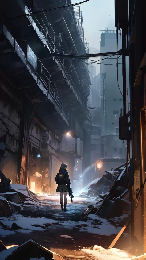 1 girl, (Calm expression),  Tactical Jacket,  Camouflage Skirt,  small breasts,  Figure Holding a Gun , break,  In a dim environment , (Warm Light:1.3),  contrast between natural and artificial light,  thrilling atmosphere ,  break,  In the city at night, ...