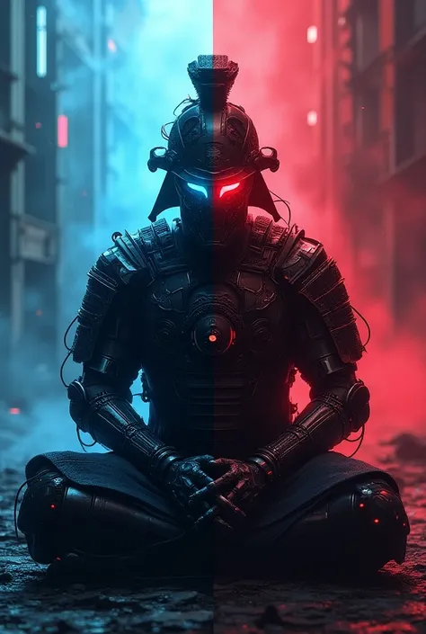 Create a Sci-fi style image of a cyber samurai wearing advanced, technological samurai-style armor and a high-tech helmet. He sits in a lotus position, his metal left hand resting on his knee, symbolizing his dual nature of good and evil. His eyes are open...