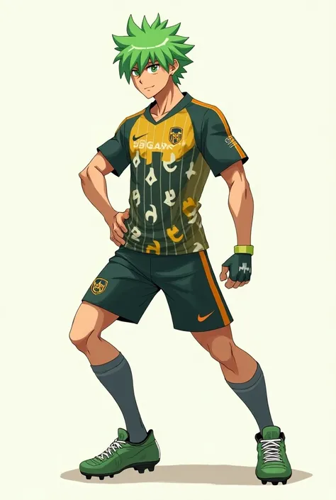 A strong teenage boy with green hair wearing an anime version soccer jersey