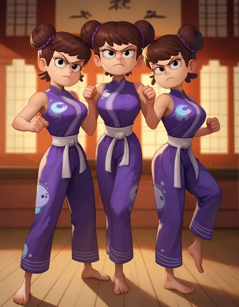 luna loud, 3 girl, trio, 24yo girl, large breasts, purple cheongsam, two hair buns,  inside of a chinese temple, looking at view...