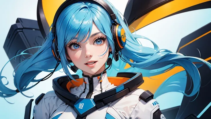 A blue-haired girl is wearing fantastic cool futuristic minimalism big headphones like a dream in orange and white pastel tones, Wife style , 1 girl, solo, smile,  open your mouth , 