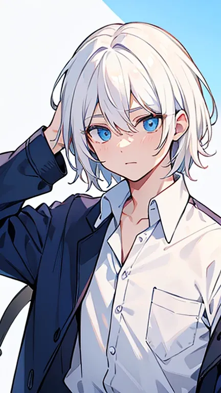 (( A man with white hair and blue eyes )),((Im wearing something like a white college student)),bangs, hair between eyes 