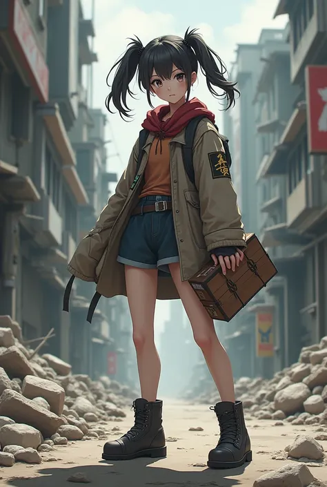  Japanese、woman、18 years old、Age 18、 shortcuts for magic hands from the machine、 carrying a rectangular machine 、Twin tails with ４The book is out、 short boots 、The background is a rubble-ridden city、