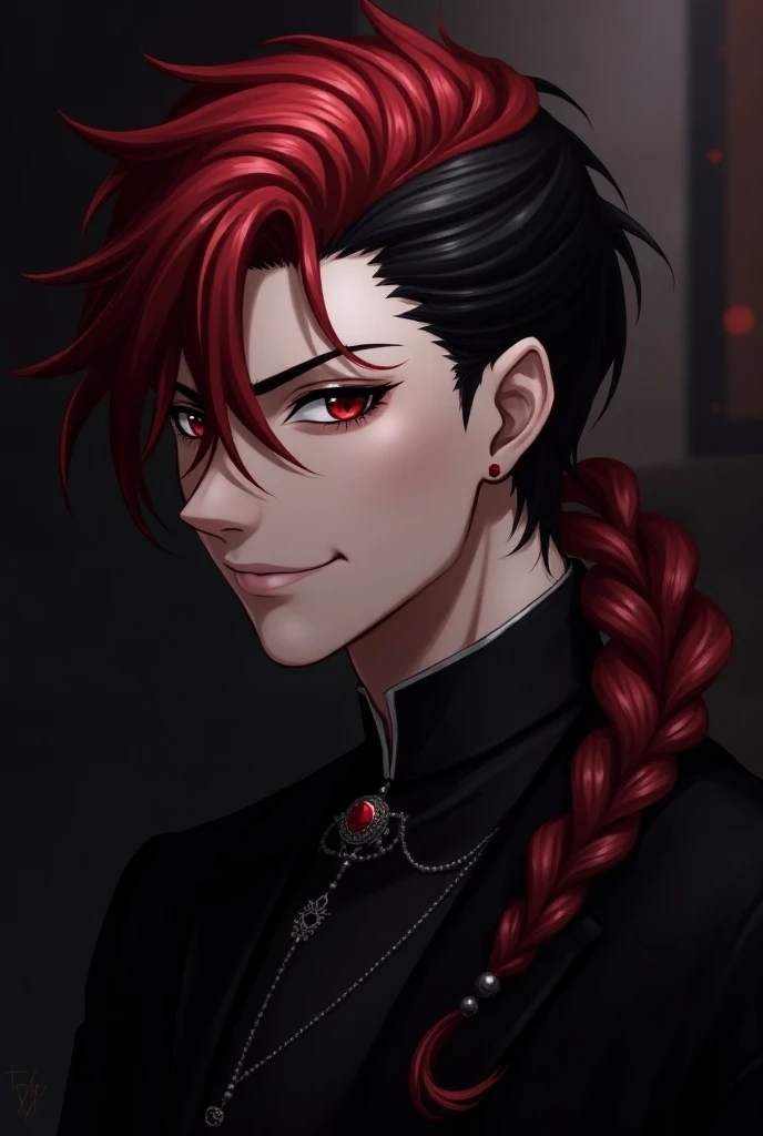 Best Quality, male, single braid, Pointy Ears, smile, Character portrait, anime, vampire, red hair,Black Hair