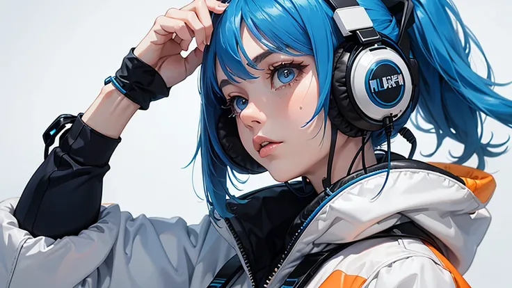 A blue-haired girl is wearing fantastic cool futuristic minimalism big headphones like a dream in orange and white pastel tones, Wife style , 1 girl, solo,simple fall clothes,cry