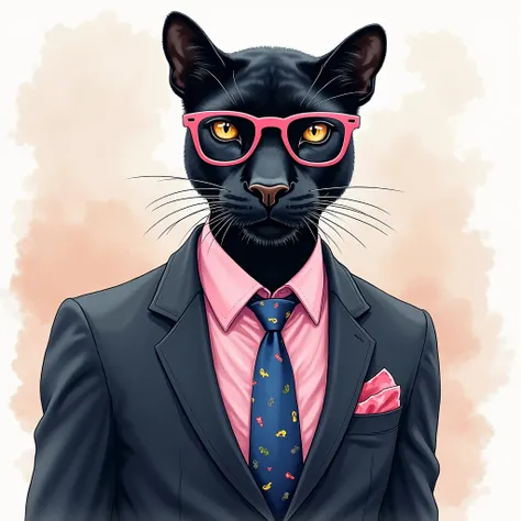 A detailed watercolor-style illustration of a black panther dressed in formal business attire. The panther is wearing a stylish, dark suit with a pink shirt, a blue tie adorned with small, colorful patterns, and a matching pink pocket square. The panther h...