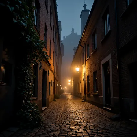 Narrow cobblestone streets of old Bydgoszcz at night, surrounded by dimly lit, centuries-old brick buildings with ivy climbing up the walls. The street lamps cast a faint, amber glow, creating long, eerie shadows. A chilling mist drifts through the air, an...