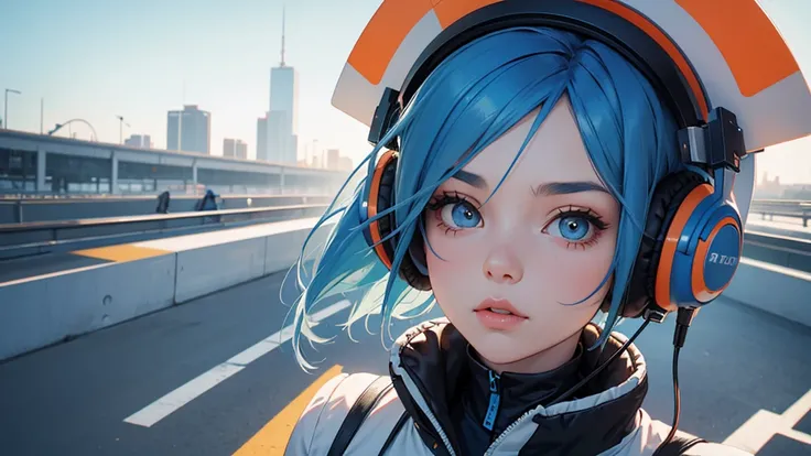 A blue-haired girl is wearing fantastic cool futuristic minimalism big headphones like a dream in orange and white pastel tones, Wife style , 1 girl, solo,simple fall clothes, looking up at the sky 