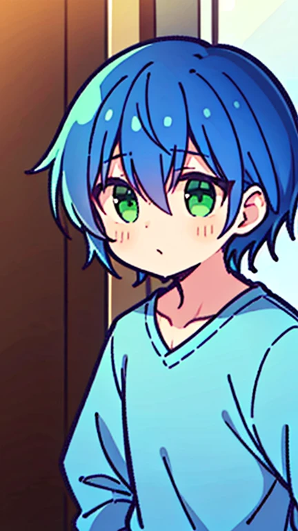 (( Man with blue hair and green eyes)),((Im wearing light blue clothes like a college student. )),bangs, Head between eyes 