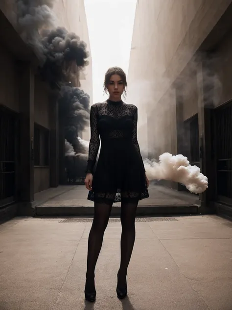 photorealistic, dark theme, 1girl, solo, full body, palace, wearing a short black lacy dress, stockings, black high heels, white thick smoke in the background,