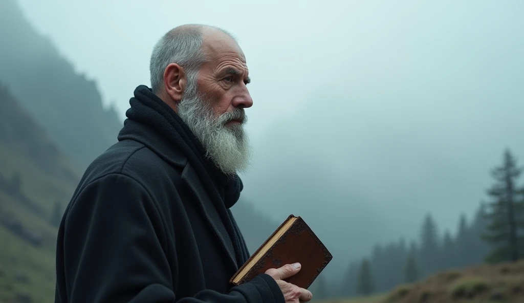  Alois Irlmaier aged 50 to 60 is a striking-looking man ,  with a bald top of his head and gray and short hair on the sides .  His beard is also thick and gray ,  covering his aging face and framing his hard and deep features. He is in the mountains of the...