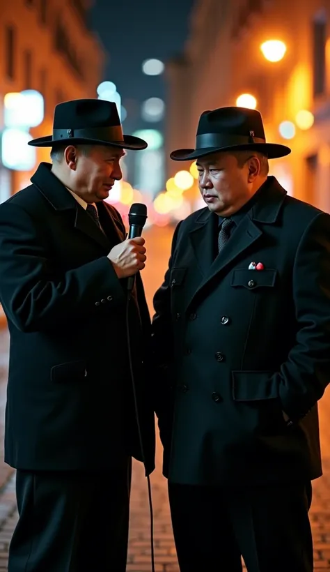 fisheye street photography, shot from above angle, Putin and Kim Jong Un standing together hoding a mic in black mafia style, wearing pet hat, standing in a urban street alley night atmosphere. backlit, bokeh