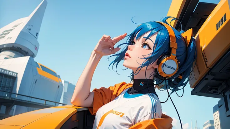 A blue-haired girl is wearing fantastic cool futuristic minimalism big headphones like a dream in orange and white pastel tones, Wife style , 1 girl, solo,simple fall clothes, looking up at the sky 